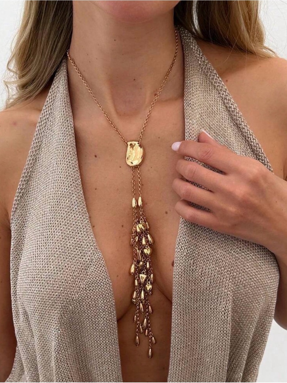 Gold Tassel Lariat Necklace with Polished Pendant